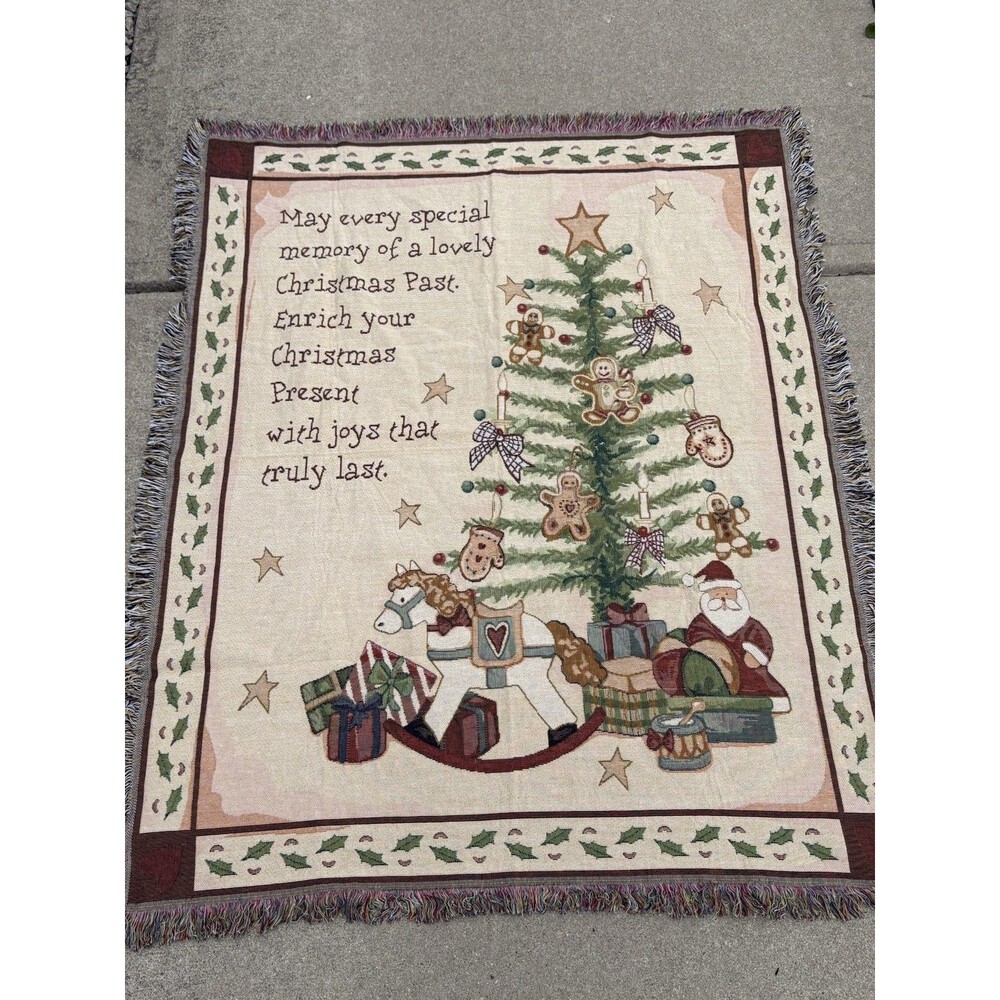 Tapestry Afghan Throw Blanket Christmas Tree Presents Rocking Horse 60x48 Inches